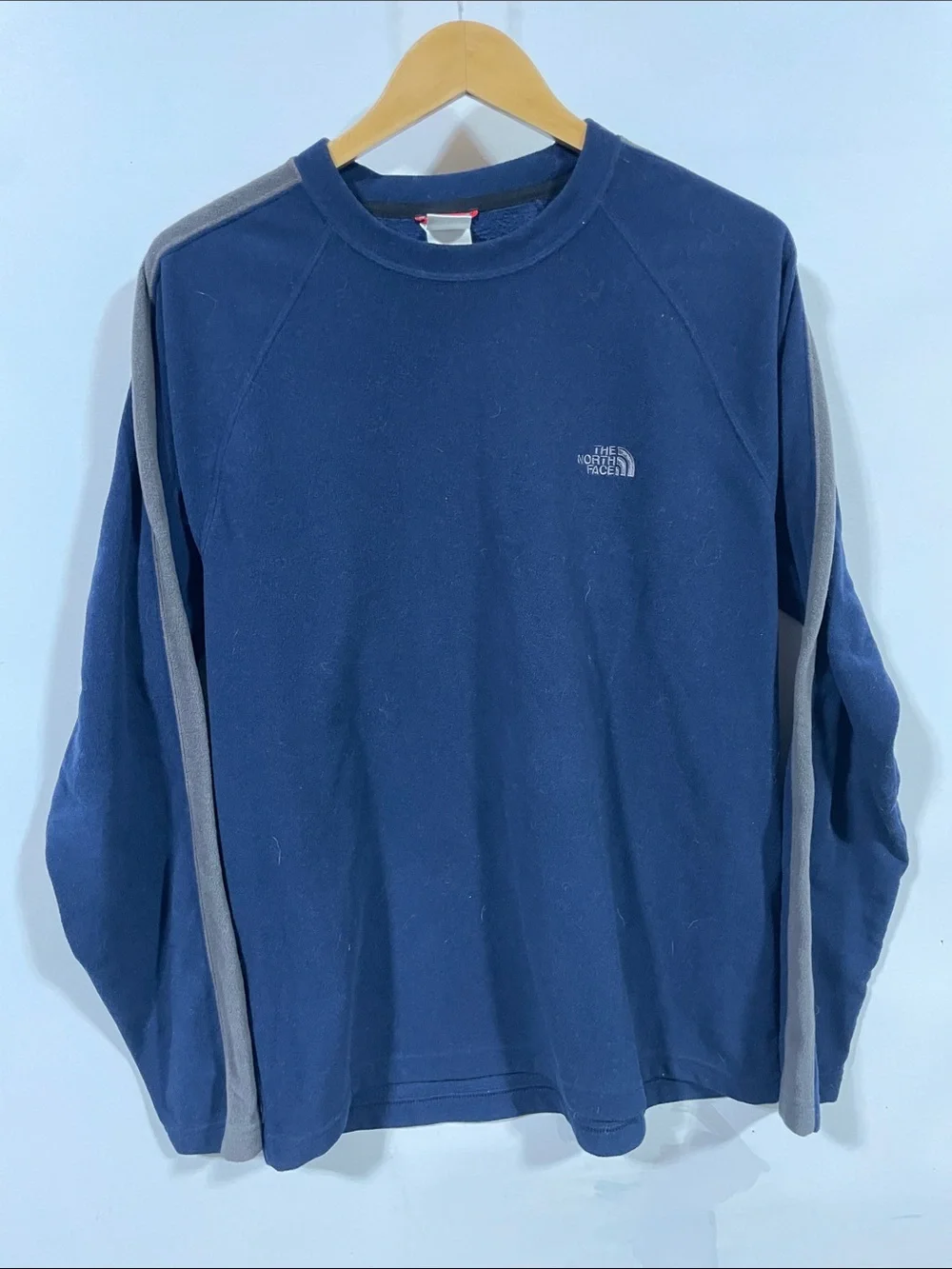 The North Face Men's Navy Crewneck Sweater with Gray Side Stripes